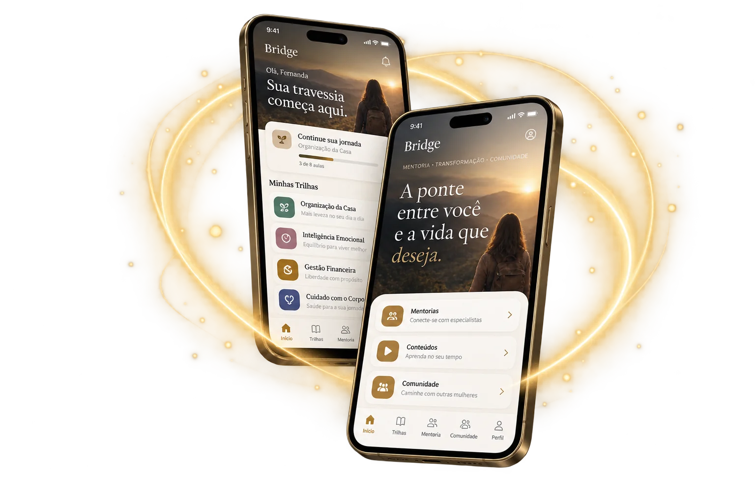 Telas do app Bridge — Início e boas-vindas